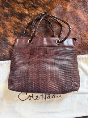 Cole Haan Braided Handle Woven Leather Tote in Dark Brown